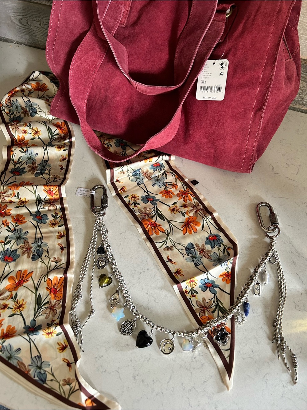 NWT Free People Salma Suede Tote Bag in Wine w/ Swag Bag Charm & Scarf - Picture 4 of 16